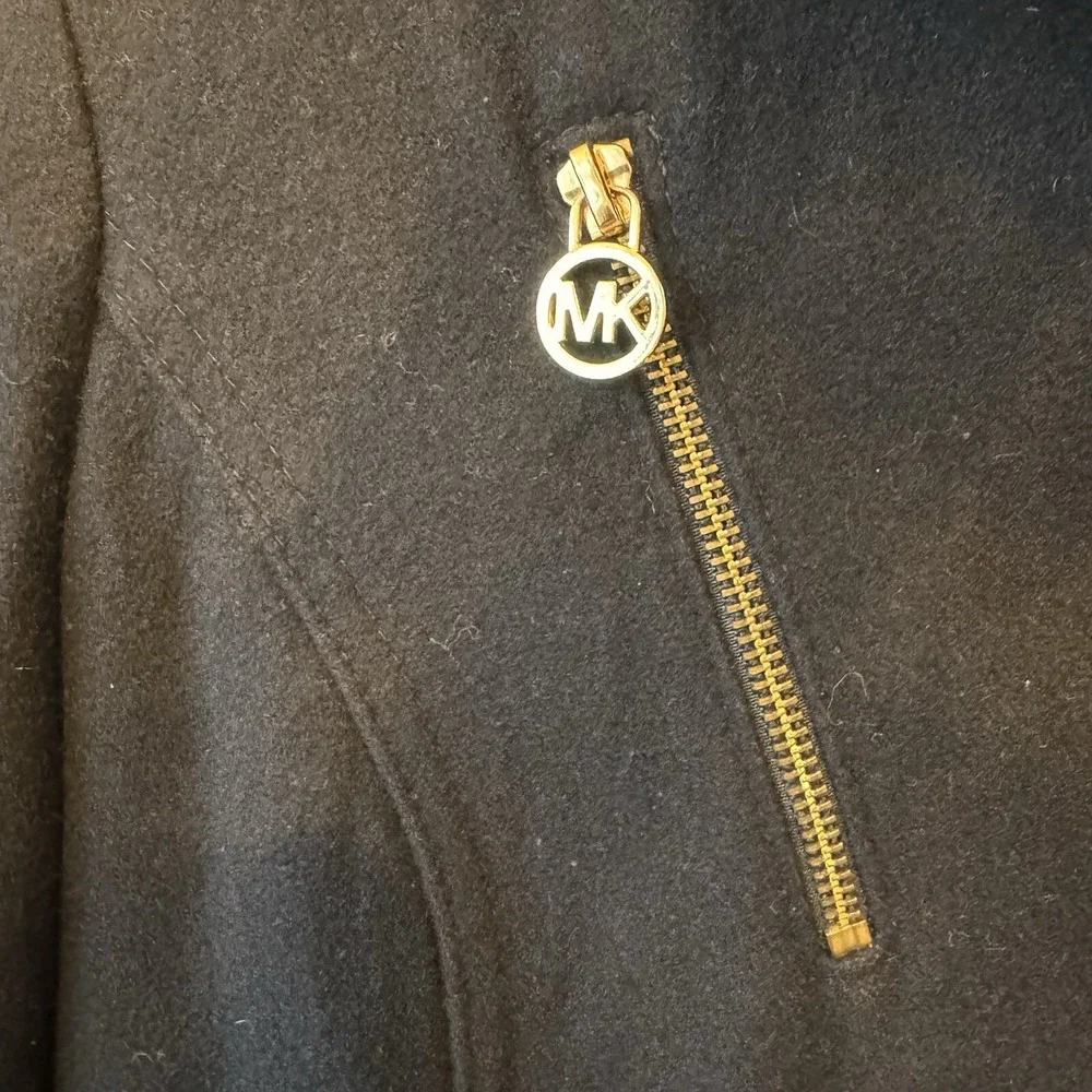 Michael Kors Asymmetrical Zip Hooded Coat Womens 6 Black Wool Blend‎ Gold Tone